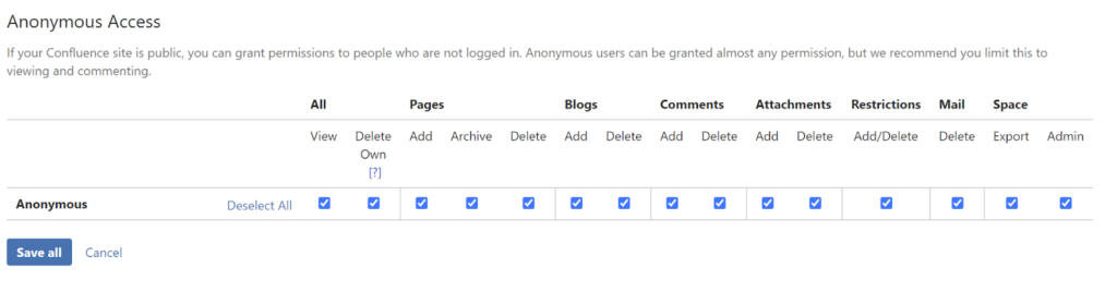 Space anonymous settings for FAQ for Confluence Cloud