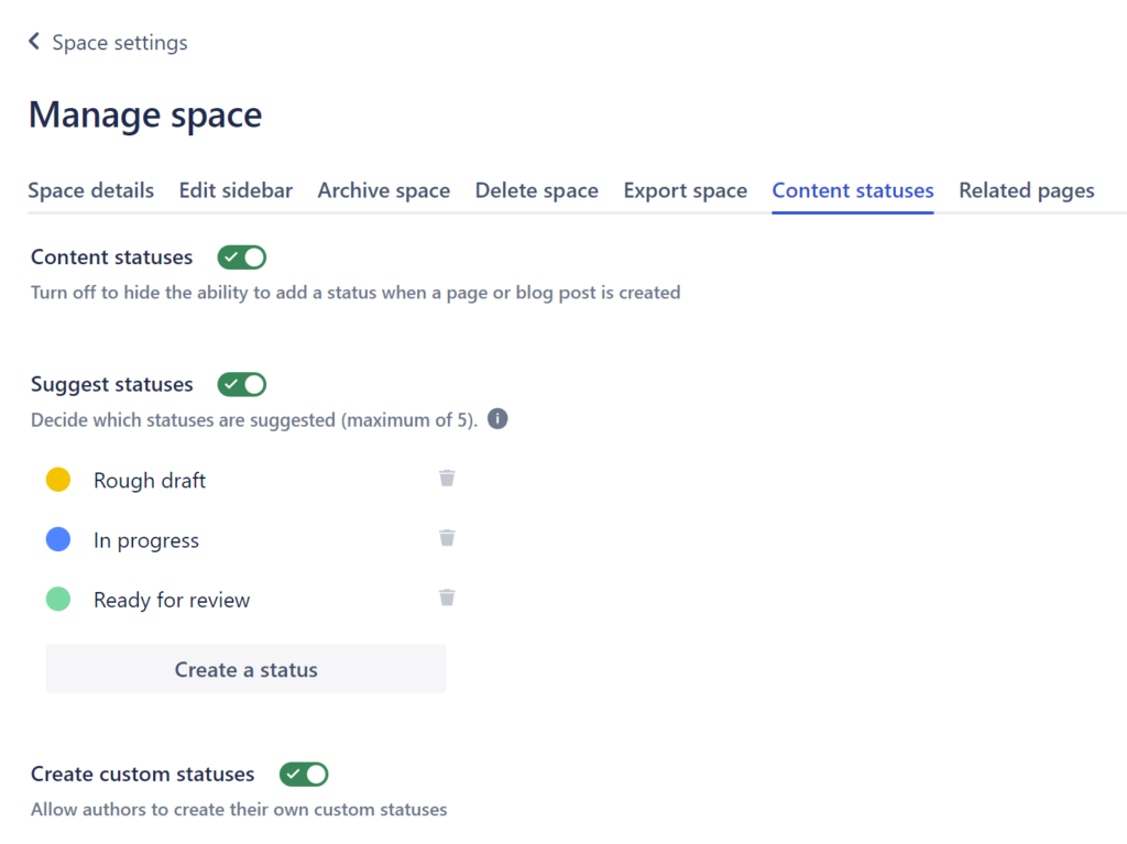 Content status space settings