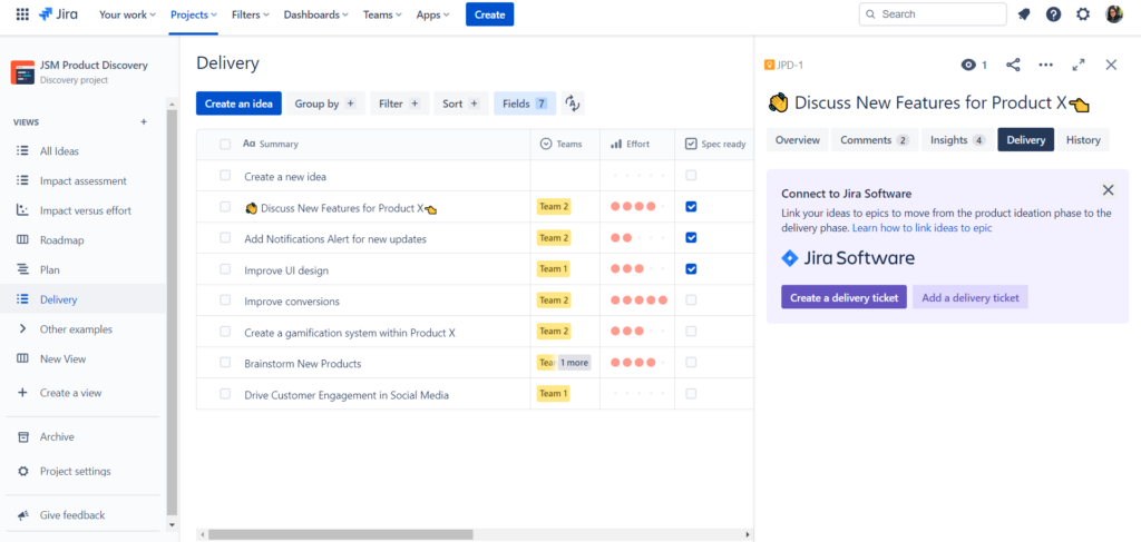 Create a delivery ticket from jira product discovery