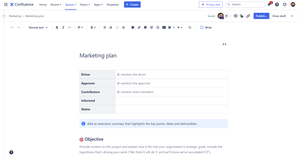 Confluence marketing page template
