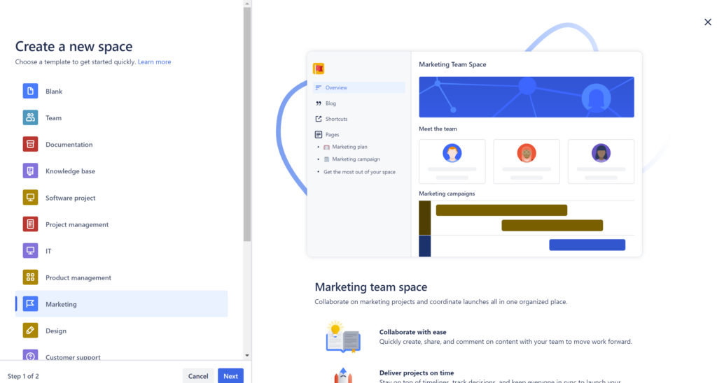 Confluence marketing space template